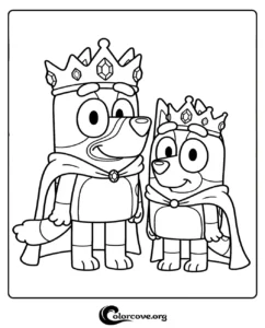 Bluey and Bingo wearing crowns and capes in this fun printable coloring page for kids