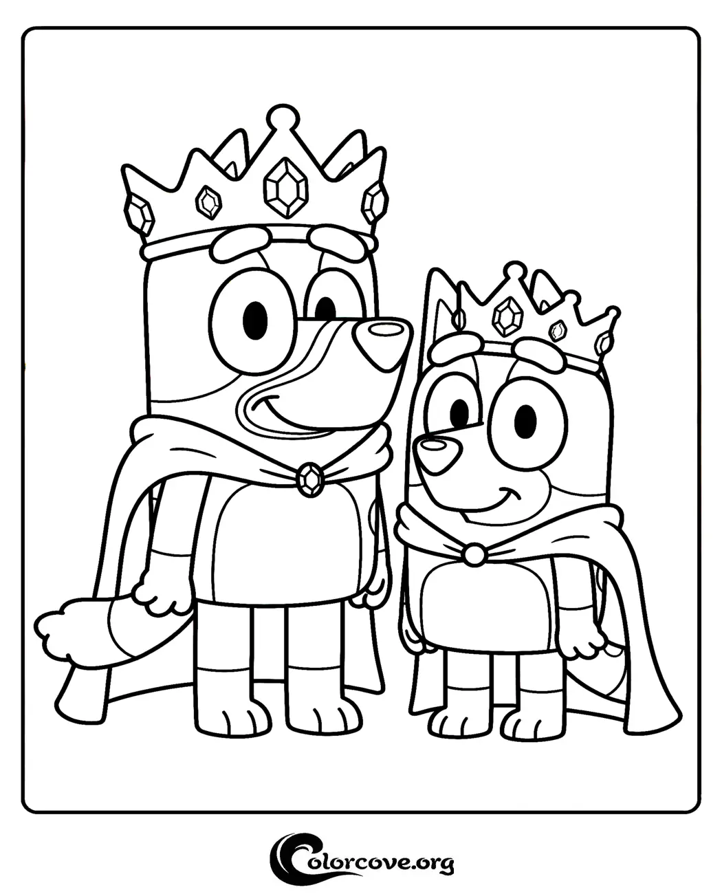 Bring the magic of the Heeler family to life with this fun coloring page featuring Bluey and Bingo dressed as royalty. Download and print this high-quality coloring sheet for hours of creative fun.