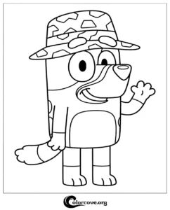 Bluey wearing a fun patterned bucket hat waving hello in this free printable coloring page for kids