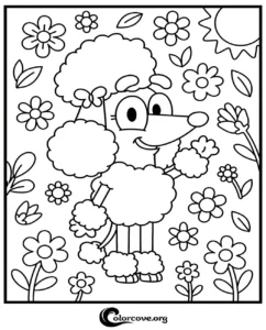 A printable coloring page of Coco the Poodle from the show Bluey standing in a garden filled with flowers and a sun.