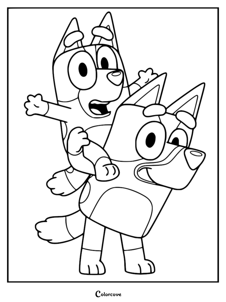 Bluey giving Bingo a piggyback ride in this printable coloring page