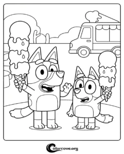 Bluey and Bingo eating giant ice cream cones in front of an ice cream truck coloring page for kids