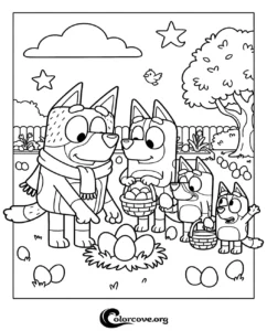 Bluey and Bingo searching for Easter eggs in the garden with their family, a fun and printable Bluey coloring page for kids.