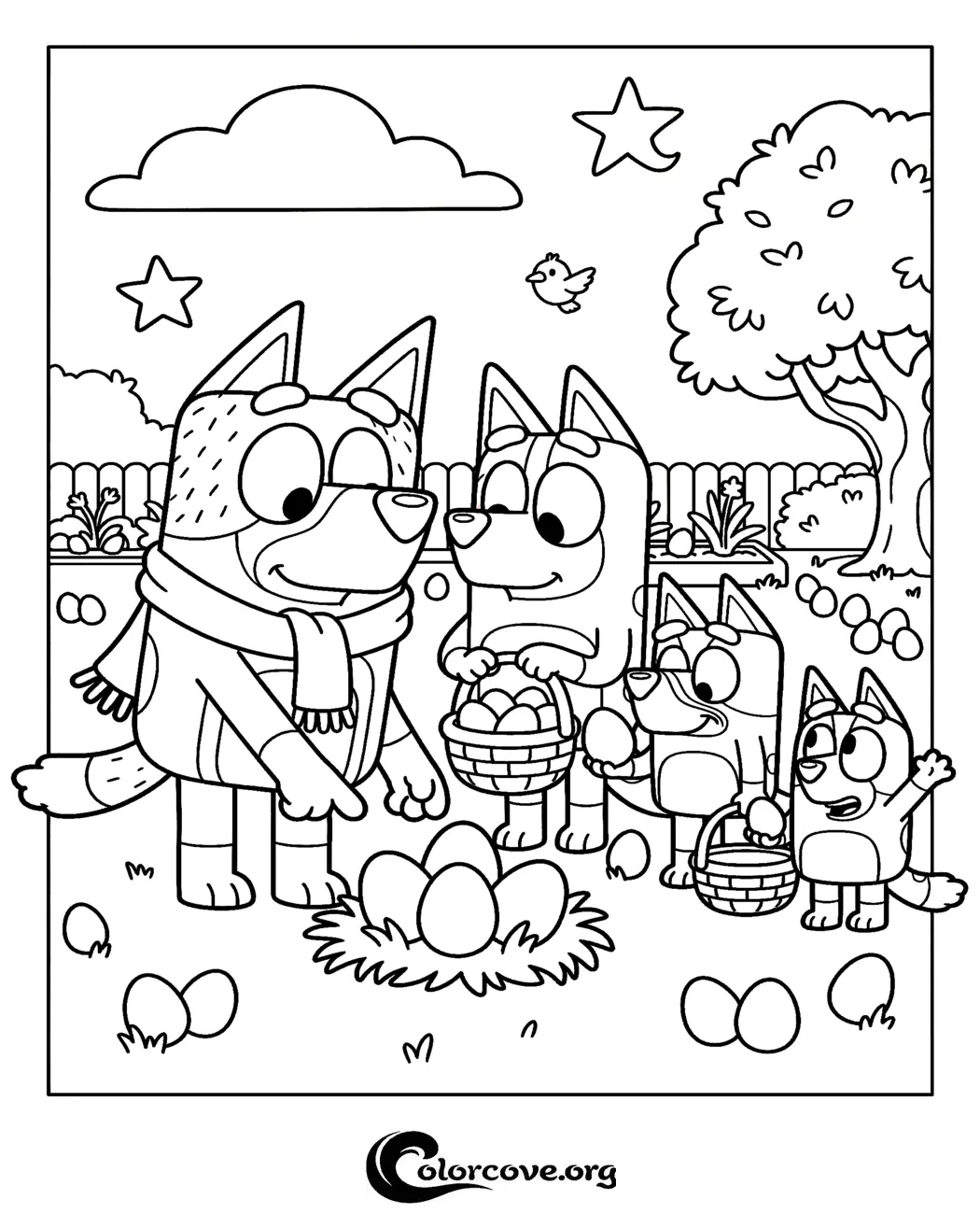 Join the Heeler family for an egg-citing adventure with this printable Bluey coloring page. Perfect for kids who love Bluey, this scene features Bluey and Bingo on a fun Easter egg hunt in their backyard.