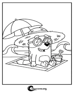 Bluey wearing a straw hat and sunglasses at the beach with a sand bucket, a fun and printable Bluey coloring page for kids.