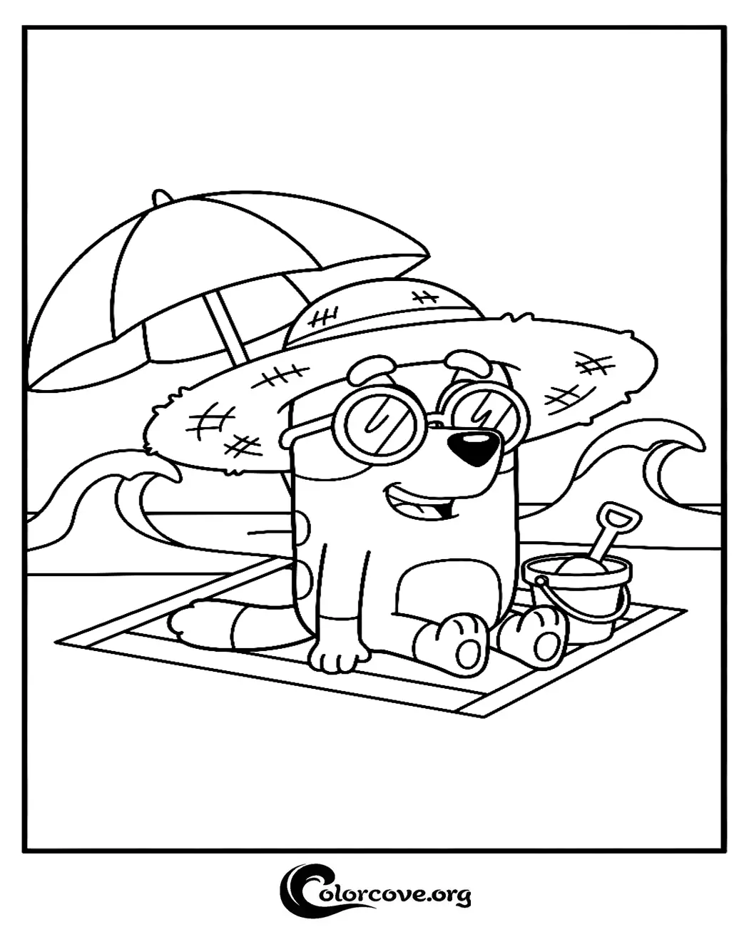 Bring the beach fun home with this cute Bluey coloring page! Simply download and print this free activity sheet for kids to color Bluey enjoying a sunny day at the seaside.