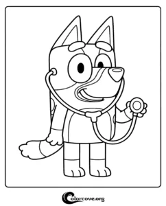 Bluey the Heeler dog wearing a stethoscope and pretending to be a doctor, a printable coloring page for kids