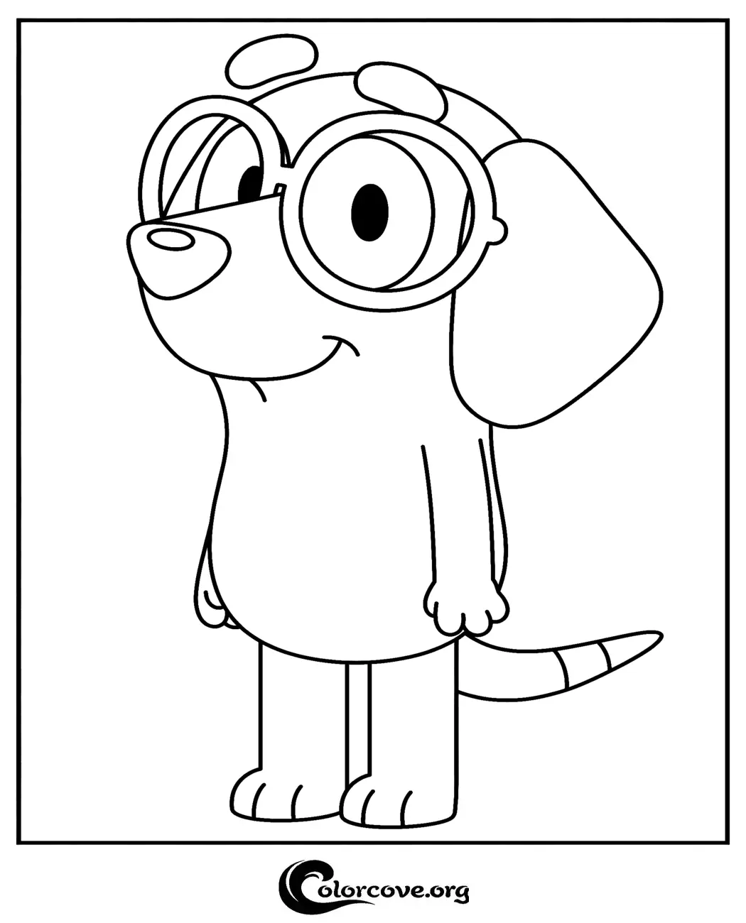 Bring fun to your home with this adorable coloring page of Bluey wearing glasses. Download and print this high-quality Bluey character sheet for free in seconds.