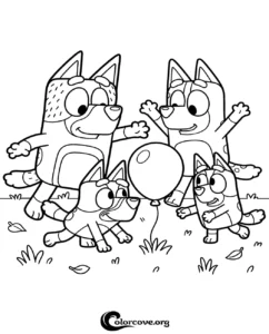 A fun Bluey coloring page featuring Bluey, Bingo, and their friends playing with a balloon in the park for kids to print and color.