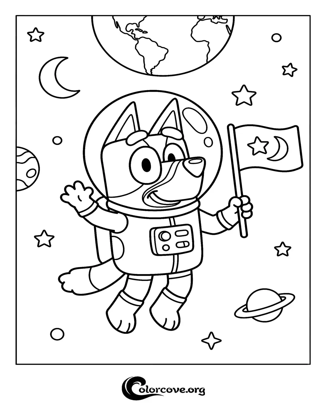 Join Bluey on an out-of-this-world adventure with this fun astronaut coloring page. Download, print, and color this space-themed scene featuring Bluey in seconds.