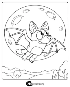 A printable Bluey coloring page featuring Bluey dressed as a bat flying in front of a giant full moon, perfect for kids.