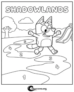 Bluey playing the Shadowlands game in the park with numbered shadows to jump on, free printable coloring page for kids.
