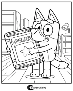 Bluey Heeler holding a big book titled Stories in this fun and printable Bluey character coloring page for kids.