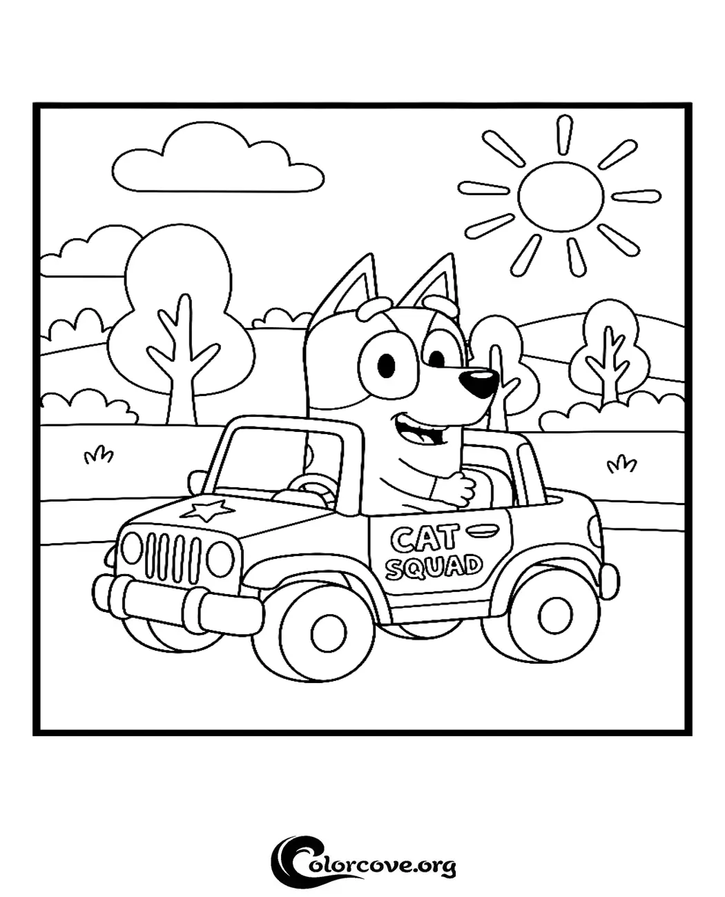 Join Bluey for an exciting adventure with this fun printable coloring page featuring the beloved character driving her Cat Squad car. Perfect for fans of the show, this free high-quality coloring sheet is ready to print in seconds.