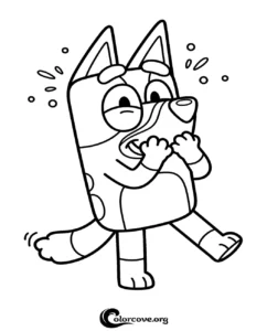 A printable coloring page of Bluey from the popular children's TV show looking anxious and worried with hands to her face.