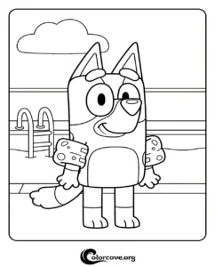 A printable coloring page of Bluey Heeler wearing arm floaties at the swimming pool for kids.