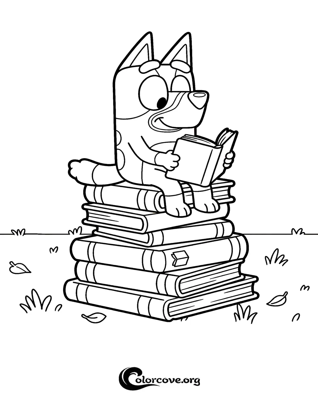 Inspire your child's love of reading with this delightful Bluey coloring page featuring Bluey sitting on a stack of books. It is a fun, easy-to-print activity perfect for young Bluey fans who love stories.