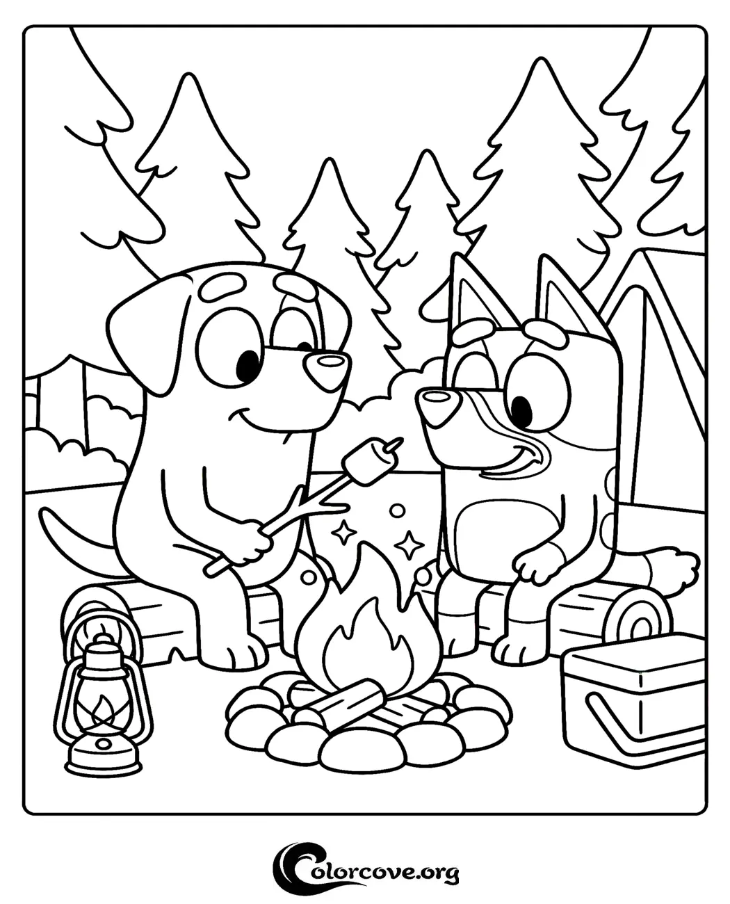 Join Bluey and Jean-Luc for an outdoor adventure with this fun, free printable camping-themed coloring page. Perfect for little fans who want to bring their favorite Bluey episode to life with color.