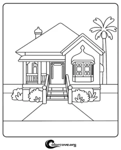 A printable coloring page of the iconic Heeler house from the Bluey TV show, featuring the front porch, stairs, and a palm tree.