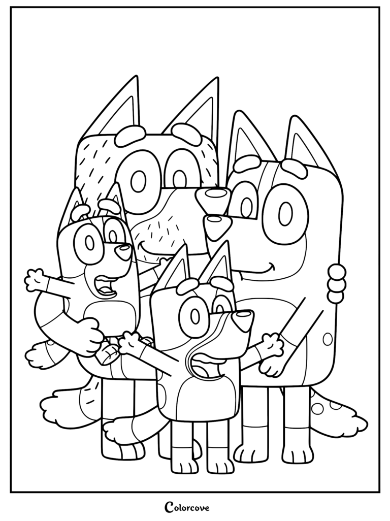 Line art coloring page featuring Bandit, Chilli, Bluey, and Bingo sharing a happy group hug.