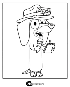 A printable Bluey coloring page featuring the character as a news reporter wearing a hat with a microphone and notepad.