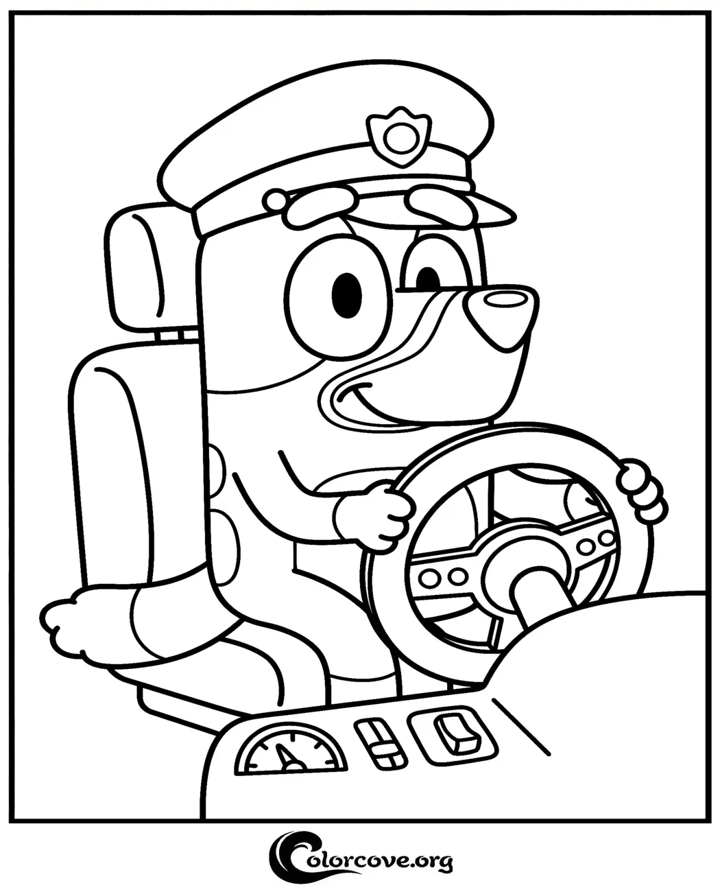 Join the fun with this printable Bluey coloring page featuring Bluey Heeler dressed up as a police officer behind the wheel. Download and print this adorable scene for free to spark your child's creativity!