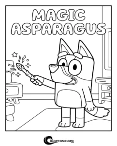 Bluey Heeler holding a magic asparagus wand with sparkles in this printable coloring page for kids