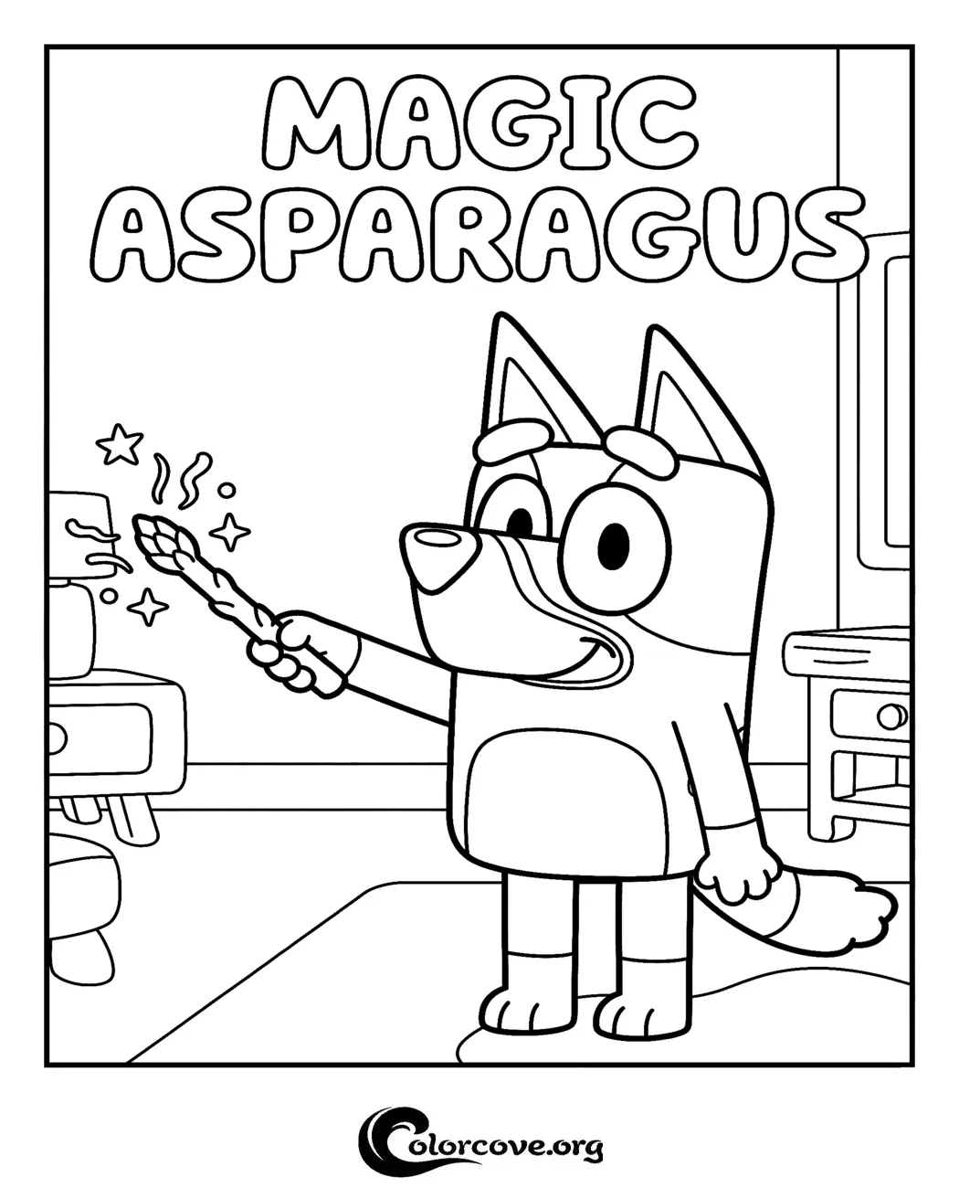 Bring the fun of Bluey to life with this printable Magic Asparagus coloring page. Download and print this free activity sheet in seconds for endless creative fun for your little one.