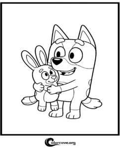 A printable coloring page of Bluey Heeler character giving a warm hug to her toy bunny Floppy.