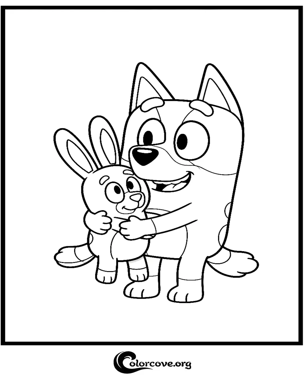 Bring this heartwarming scene to life with our free printable Bluey coloring page. Perfect for kids, this high-quality line art features Bluey cuddling her favorite stuffed rabbit, Floppy.