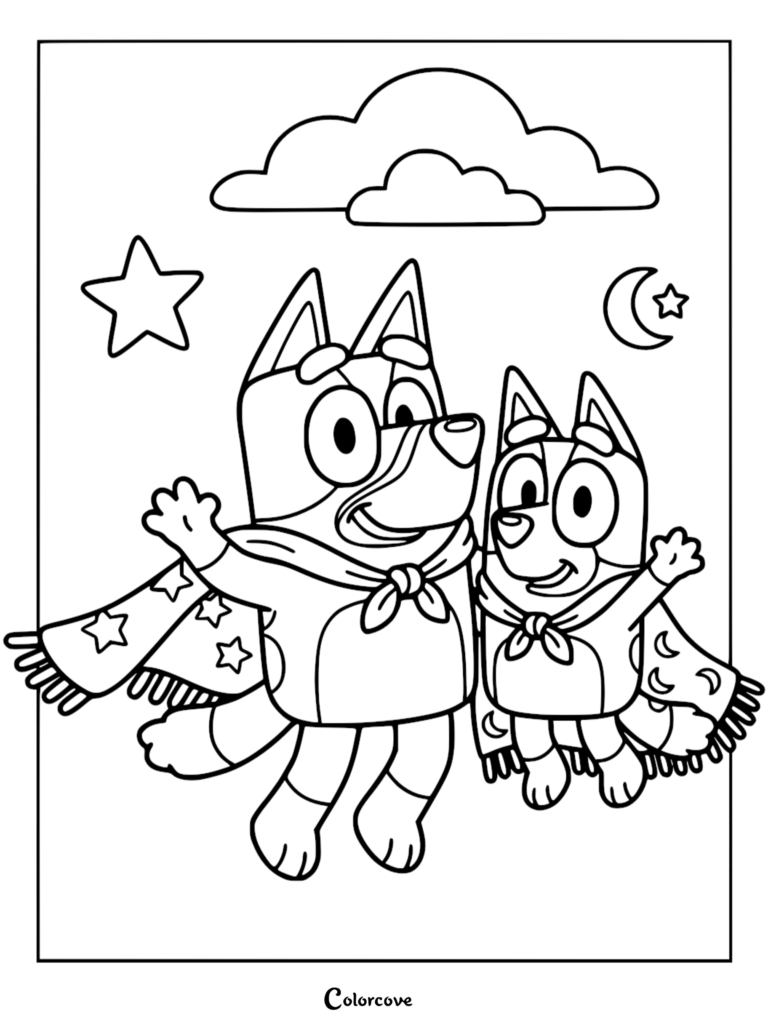 A detailed coloring page of Bluey and Bingo wearing star and moon patterned capes while flying past a crescent moon and clouds.