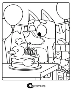 A printable Bluey coloring page featuring Bluey Heeler blowing out candles on a duck-shaped birthday cake surrounded by balloons and presents.