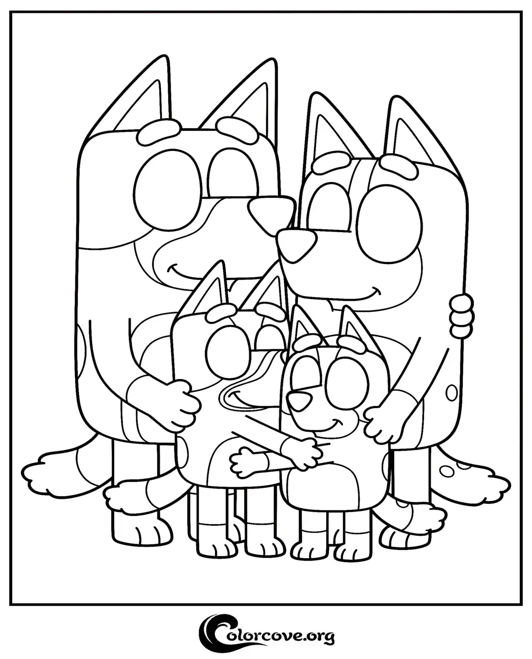 Download and print this adorable Bluey family coloring page for free. Perfect for kids, this heartwarming illustration features the entire Heeler family together in a loving hug.