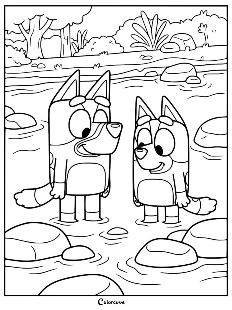 A printable coloring page featuring Bluey and Bingo standing in a shallow creek with smooth river rocks and a forest background.