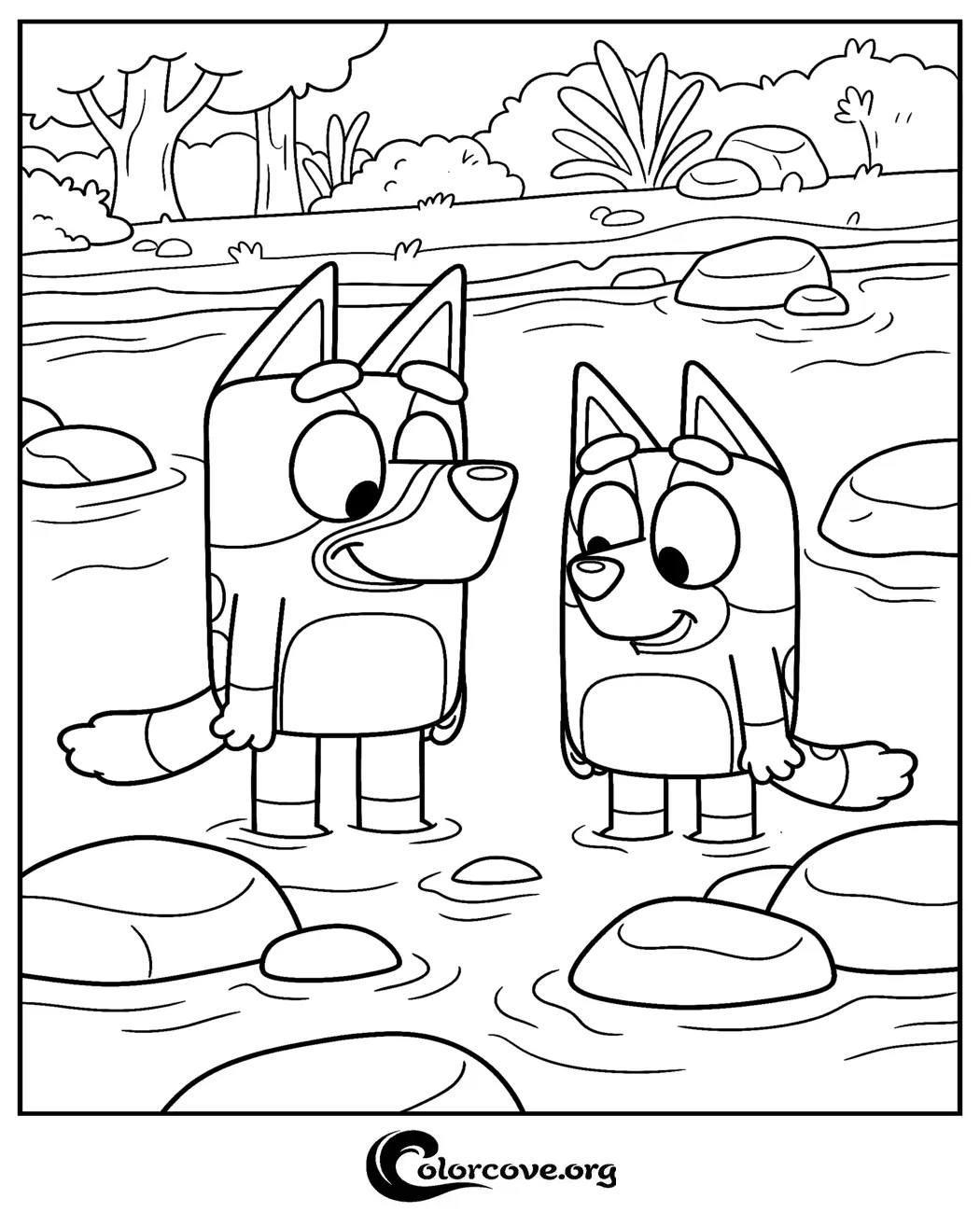Join Bluey and Bingo on a fun outdoor adventure with this free printable coloring page. Print this delightful scene of the Heeler sisters playing in a creek in seconds for hours of creative fun.