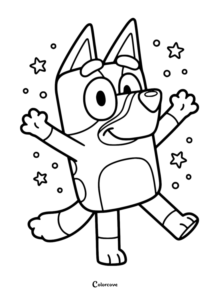 Bluey jumps with arms wide open among floating stars.