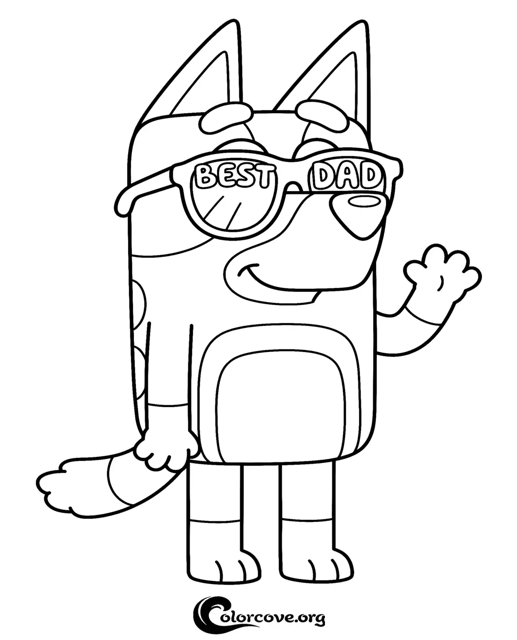 Celebrate Dad with this fun Bandit Heeler coloring page featuring him in his iconic Best Dad sunglasses. It is the perfect creative activity for kids to color and give as a gift to their own best dad!
