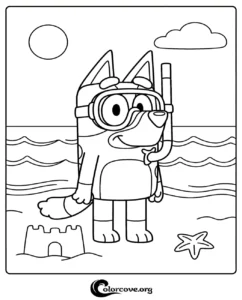 Bluey wearing snorkel gear at the beach with a sandcastle and starfish, printable Bluey coloring page for kids