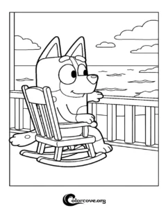 A cute Bluey coloring page featuring the popular cartoon dog sitting in a rocking chair on a porch overlooking the ocean.