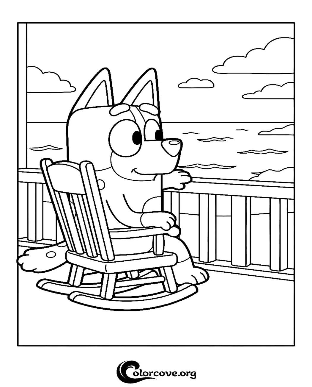 Bring the magic of the show to life with this free Bluey coloring page. Perfect for kids, this printable design features Bluey relaxing on a porch rocking chair by the sea.
