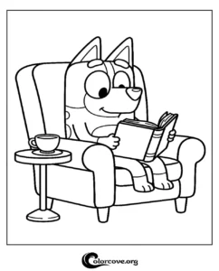 Bluey sitting in an armchair reading a book next to a coffee table, a printable coloring page for kids.
