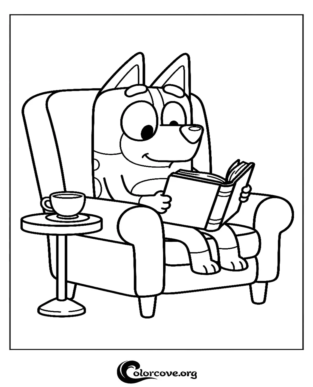 Relax with this adorable Bluey coloring page featuring everyone's favorite Heeler puppy enjoying a quiet story in her cozy armchair. Download and print this fun, high-quality Bluey coloring sheet for free in seconds.