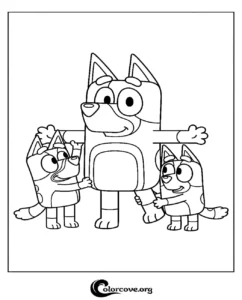 A printable Bluey coloring page featuring Bluey and Bingo giving their parent a big hug, perfect for kids who love the show.