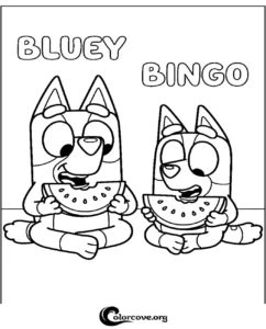 Bluey and Bingo from the popular kids TV show eating slices of watermelon in this free printable coloring page.
