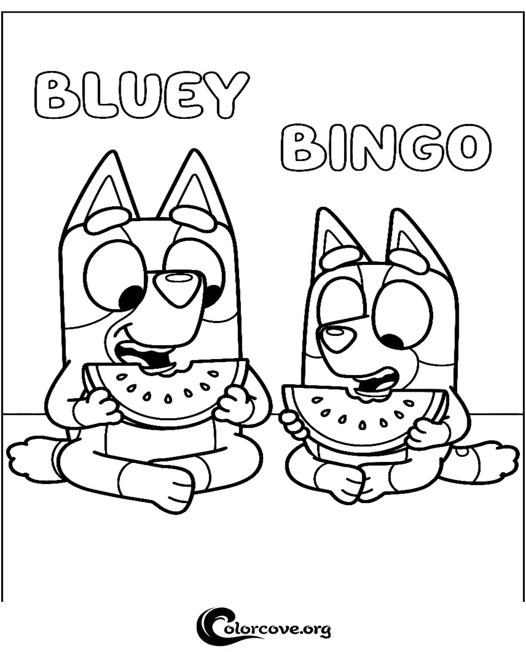 Download and print this fun Bluey and Bingo coloring page featuring the beloved sisters enjoying a summer snack. Perfect for keeping children entertained with a quick, creative activity.