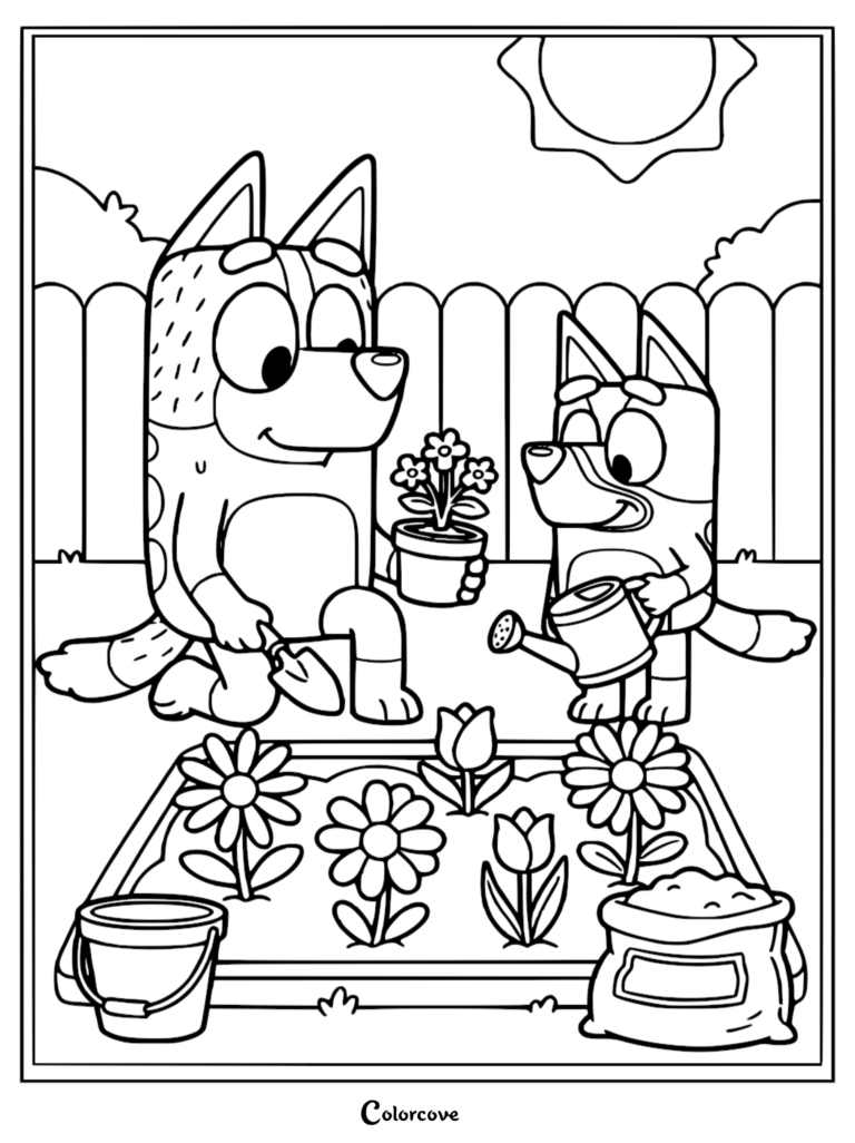 A detailed line art coloring page of Bandit kneeling with a trowel and Bluey holding a watering can in a garden bed filled with flowers.