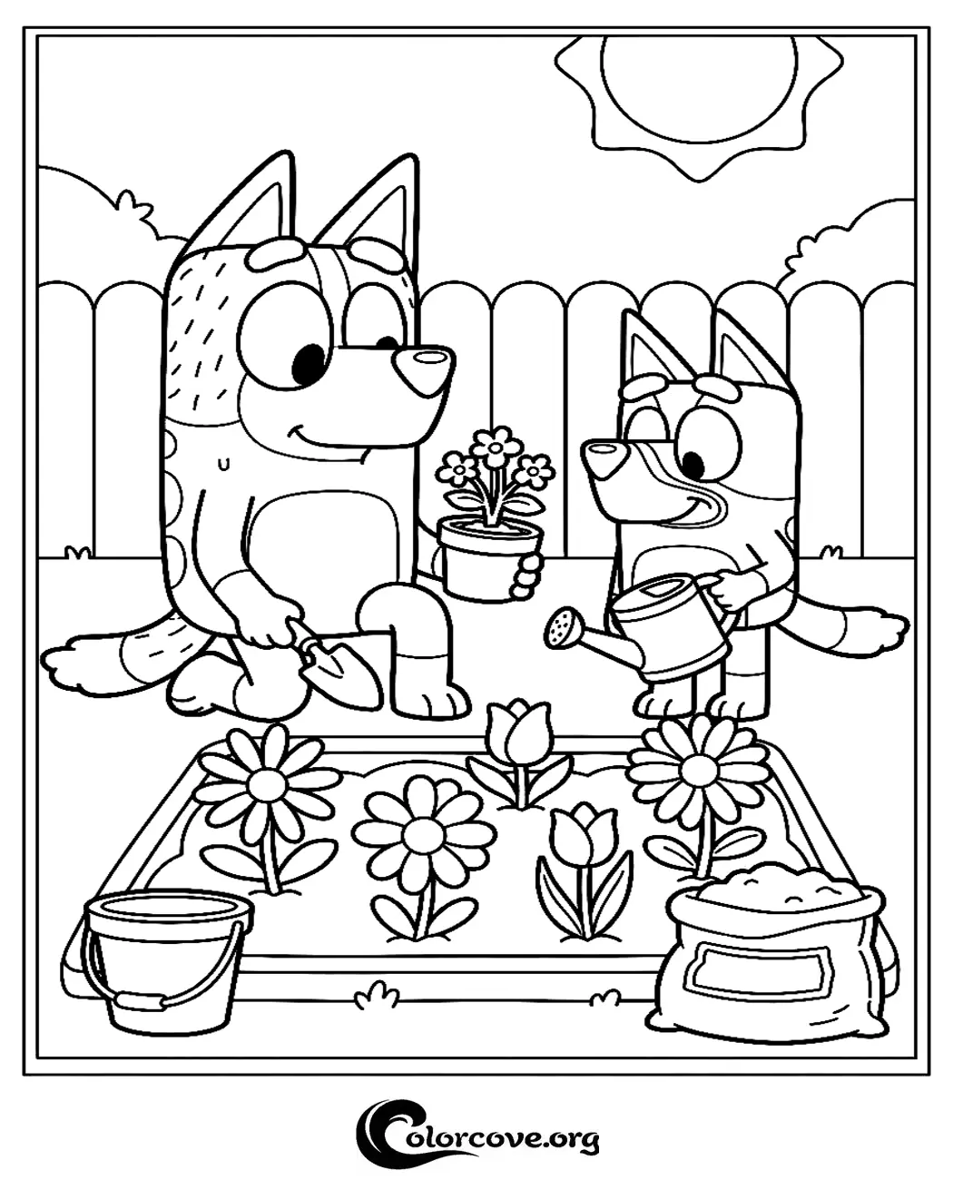 Join Bluey and Bingo for a day of fun in the garden with this adorable, free printable coloring page. Perfect for kids, this high-quality coloring sheet is ready to print in seconds.