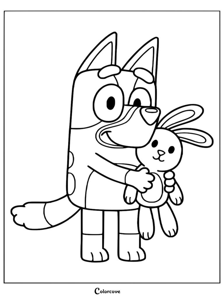 A black and white line art coloring page of Bluey standing and hugging her stuffed rabbit Floppy with a smile.