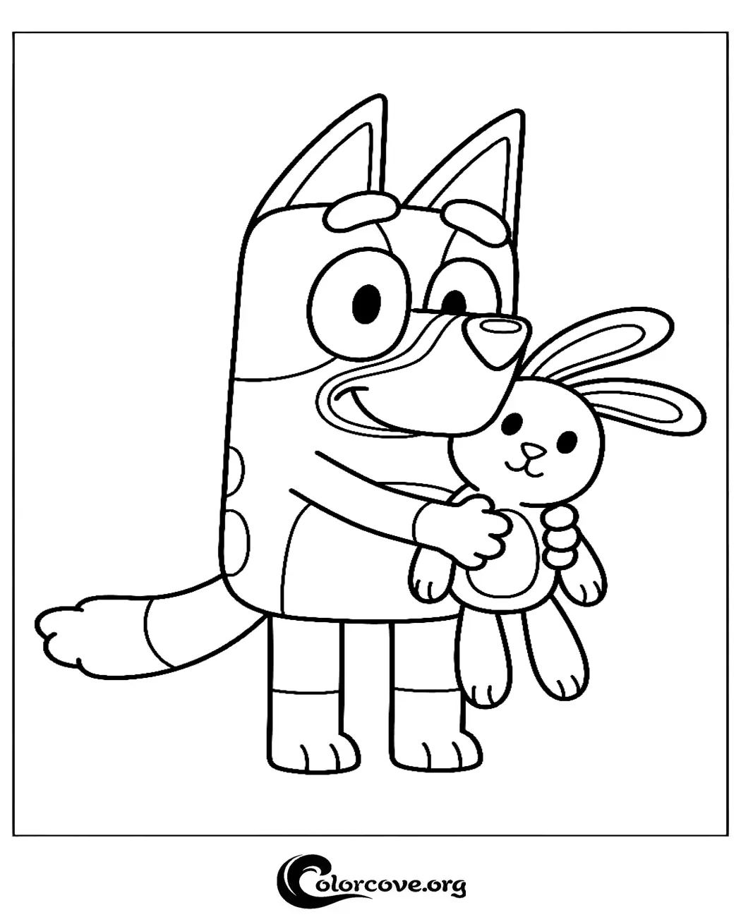 Bring home the fun of the hit TV show with this adorable Bluey coloring page. It features Bluey giving a big hug to her beloved Floppy the bunny, perfect for fans of all ages.