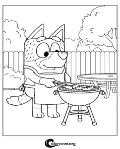 Bluey wearing an apron and cooking sausages on a charcoal grill in a backyard setting coloring page for kids